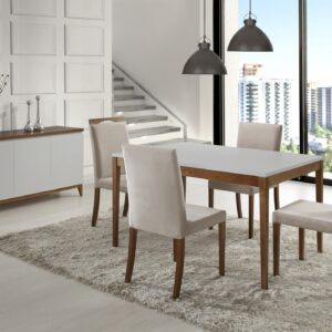 Mesa de Jantar 4 Lugares Retangular Duo + Cadeira Estofada Fit + Buffet Duo